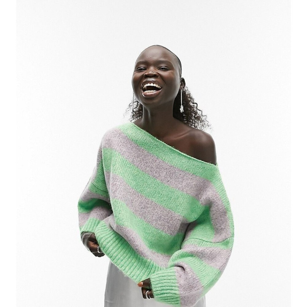 Topshop Slouchy Striped Knit Sweater Green Lilac Size S US 4-6 Oversized